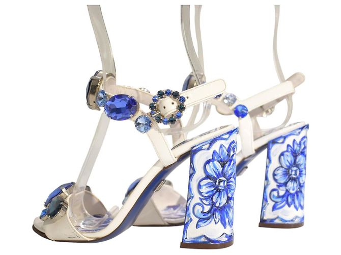 Sandalias DOLCE & GABBANA White Blue Majolica adornadas con cristales EU 36 Blanco Azul - vista 12