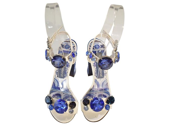 Sandalias DOLCE & GABBANA White Blue Majolica adornadas con cristales EU 36 Blanco Azul - vista 13