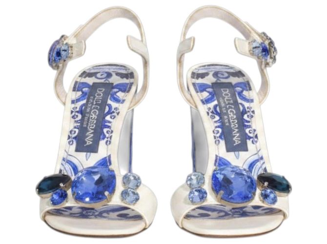 Sandalias DOLCE & GABBANA White Blue Majolica adornadas con cristales EU 36 Blanco Azul - vista 8