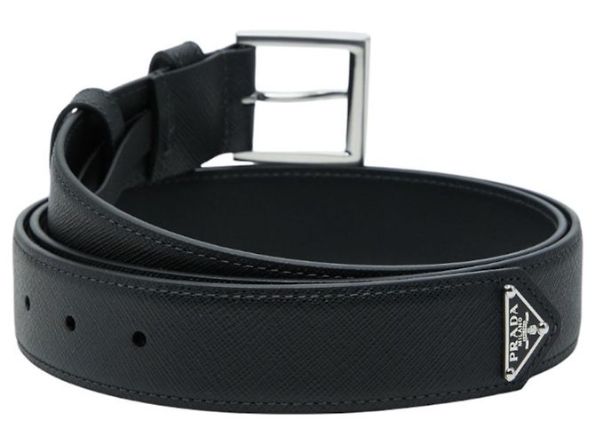 Prada Triangle Logo Plate Saffiano Belt Black Silvery - view 3