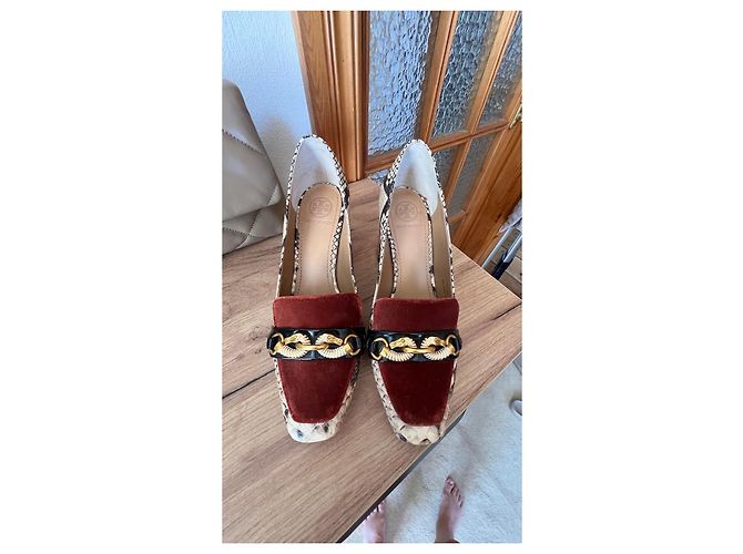 Décolleté mocassini in velluto con stampa piton per donna Tory Burch Marrone Nero Gold hardware - vista 2