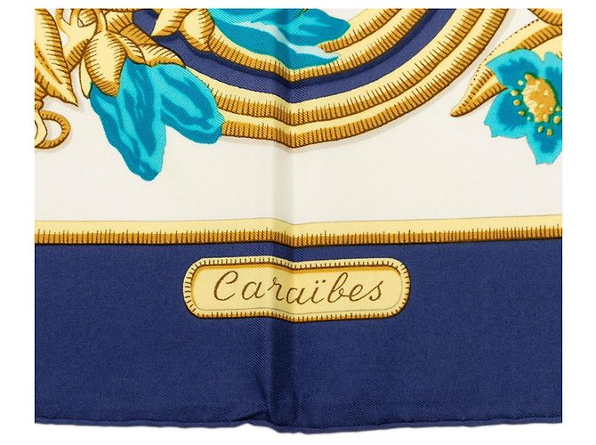 Hermès Foulard Hermes Carre 90 Caraibes Bianco Blu navy - vista 3