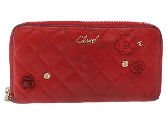 Portafoglio lungo CHANEL Matelasse Camelia in pelle d'agnello rosso e oro CC Auth bs36502 D'oro - vista 13