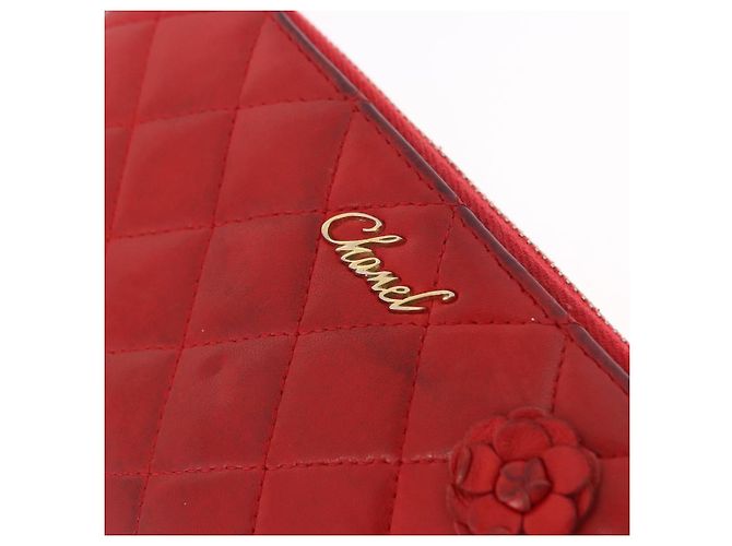Portafoglio lungo CHANEL Matelasse Camelia in pelle d'agnello rosso e oro CC Auth bs36502 D'oro - vista 17