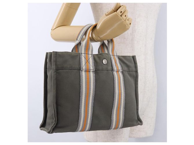 Hermès Borsa HERMES Fourre Tout PM Canvas Gray Silver Auth gh2302 Marrone Argento - vista 21