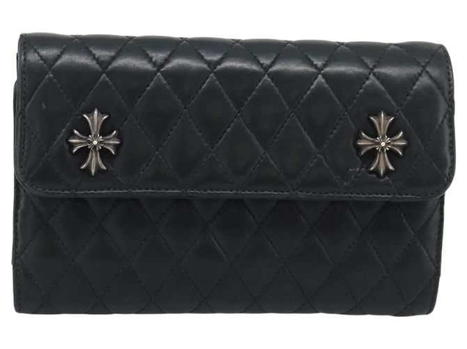Chrome Hearts Wave4 3-Snap Quilted Long Wallet Leather Black Auth 193427SM Nero Argento - vista 13