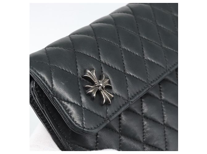 Chrome Hearts Wave4 3-Snap Quilted Long Wallet Leather Black Auth 193427SM Nero Argento - vista 17