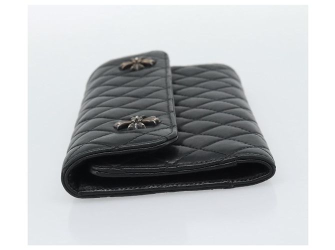 Chrome Hearts Wave4 3-Snap Quilted Long Wallet Leather Black Auth 193427SM Nero Argento - vista 3