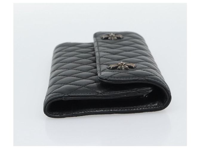 Chrome Hearts Wave4 3-Snap Quilted Long Wallet Leather Black Auth 193427SM Nero Argento - vista 4