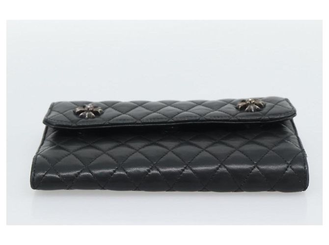 Chrome Hearts Wave4 3-Snap Quilted Long Wallet Leather Black Auth 193427SM Nero Argento - vista 6