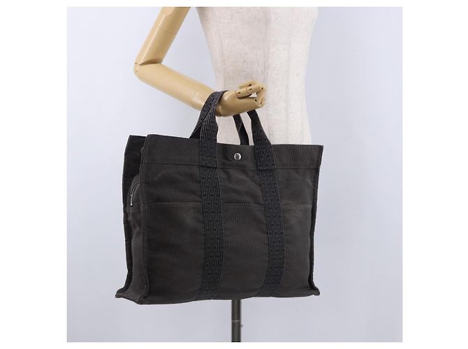 Hermès Borsa HERMES Her LineMM Canvas Gray Silver Auth 193484 Marrone Argento - vista 21