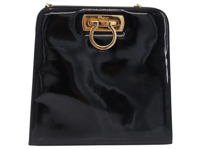 Borsa a tracolla Salvatore Ferragamo Gancini Chain Patent Black Gold Auth ka5550A - vista 13