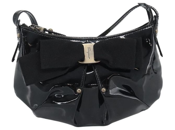 Borsa a tracolla Salvatore Ferragamo Vala Patent Black Silver Auth ka5532A Nero Argento - vista 13