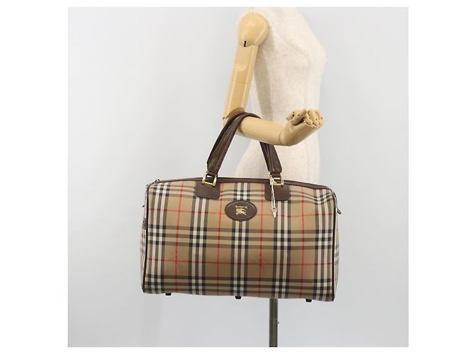 Borsa Boston Burberrys Nova Check Canvas Beige Gold Auth 191914 D'oro - vista 22