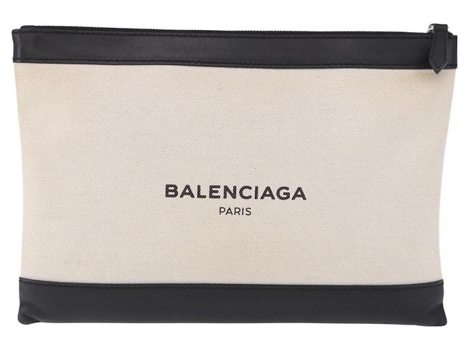BALENCIAGA Navy Clip M Clutch Bag Canvas White Black 373834 Auth ka5572 - view 13
