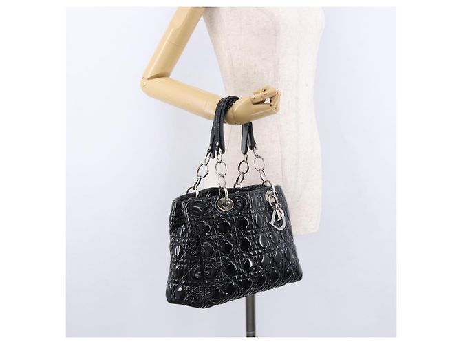 Borsa a catena Lady Dior Christian Dior in pelle verniciata nera e argento Auth BA14101V Nero - vista 28