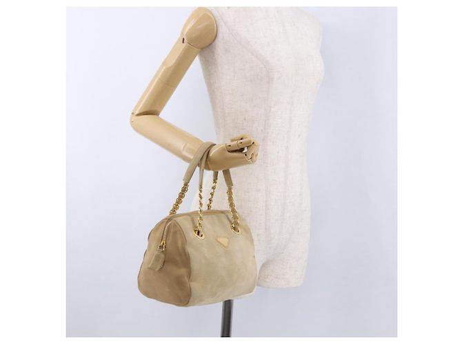 Borsa a mano PRADA Suede Beige Gold Auth 194377A D'oro - vista 25