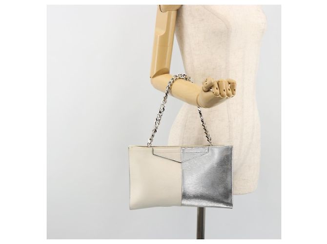 Bolsa de mão com corrente FENDI em couro Silver White Auth 194186 Prata Branco - vista 21