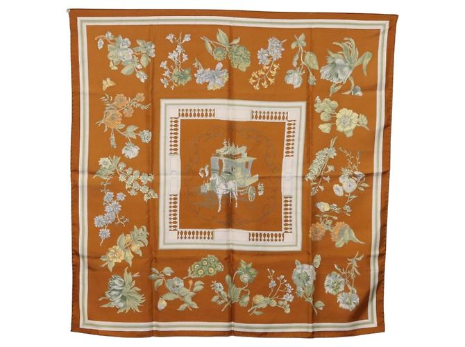 Hermès HERMES Carre 90 Foulard "Quai Aux Fleurs" Seta Marrone Auth 192550 - vista 12