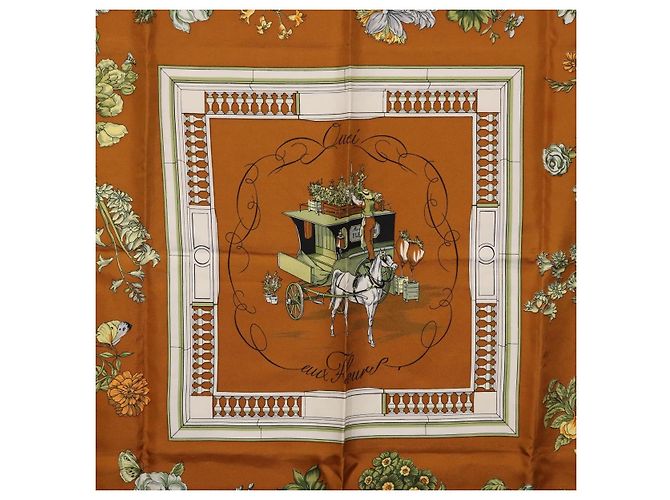 Hermès HERMES Carre 90 Foulard "Quai Aux Fleurs" Seta Marrone Auth 192550 - vista 6