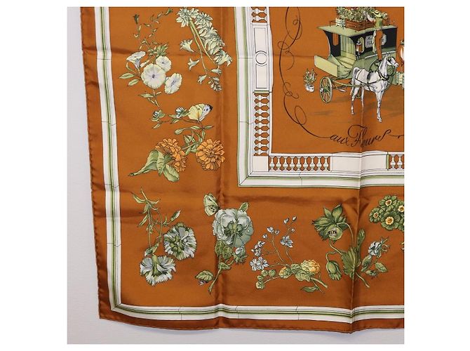 Hermès HERMES Carre 90 Foulard "Quai Aux Fleurs" Seta Marrone Auth 192550 - vista 8