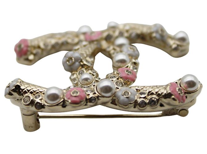 Timeless Chanel Brosche mit goldfarbenen und rosa Strasssteinen Pink Golden - Ansicht 3