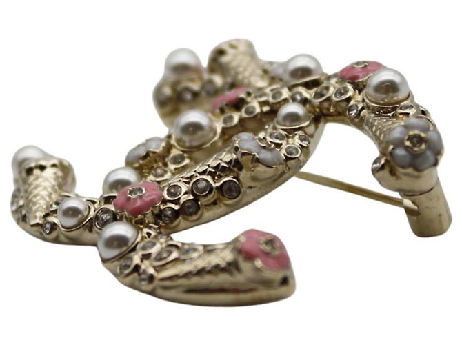 Timeless Chanel Brosche mit goldfarbenen und rosa Strasssteinen Pink Golden - Ansicht 5