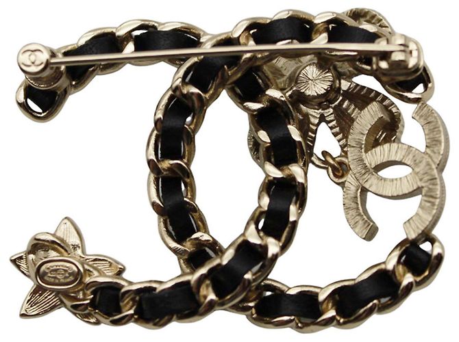 Broche Chanel preta e dourada com strass Preto Dourado - vista 2