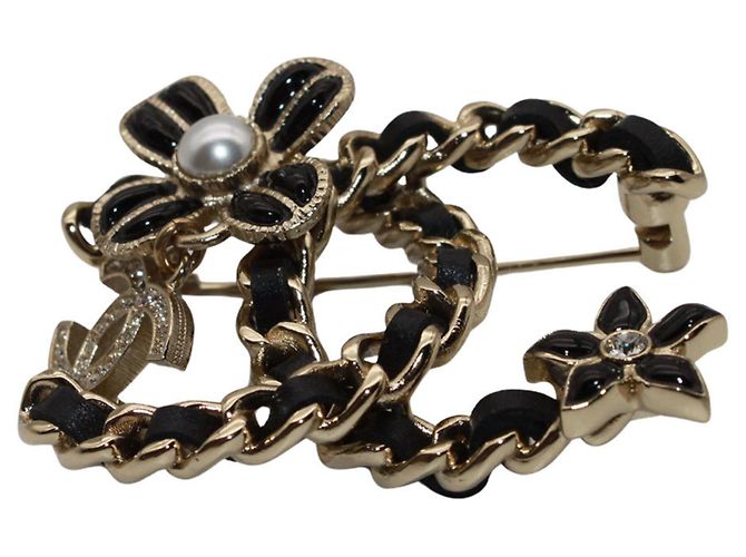 Broche Chanel preta e dourada com strass Preto Dourado - vista 4