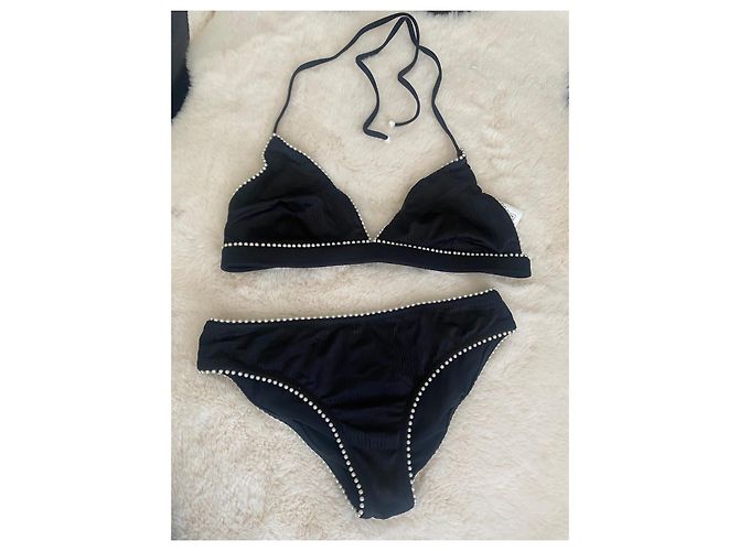 Timeless Schwarzes Bikini-Set mit Perlenbesatz Chanel Unterteil 36 Oberteil 44 - Ansicht 2
