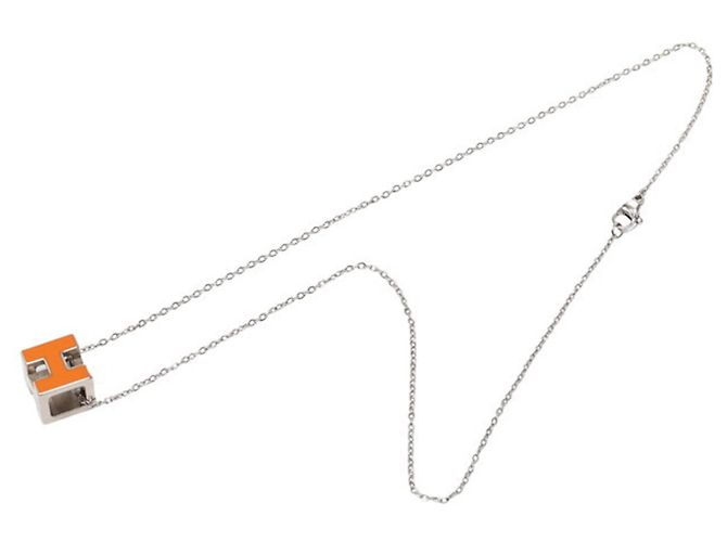 Hermès Collana con pendente Hermes Cage d'H H-Cube Argento Arancione - vista 3