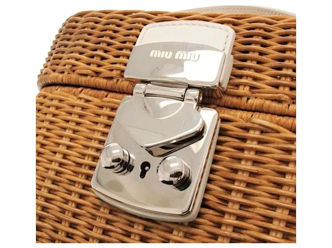 Borsa Miu Miu in vimine e pelle bianca Marrone Bianco - vista 10