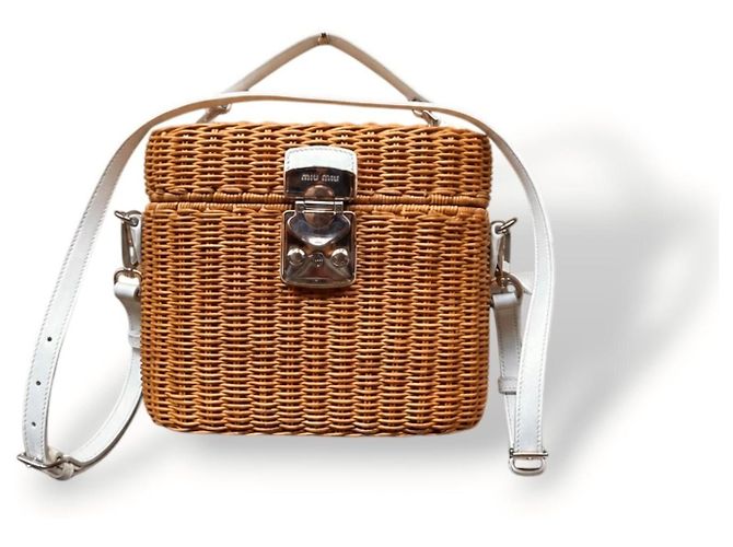 Borsa Miu Miu in vimine e pelle bianca Marrone Bianco - vista 15