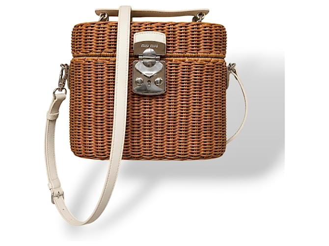 Borsa Miu Miu in vimine e pelle bianca Marrone Bianco - vista 16