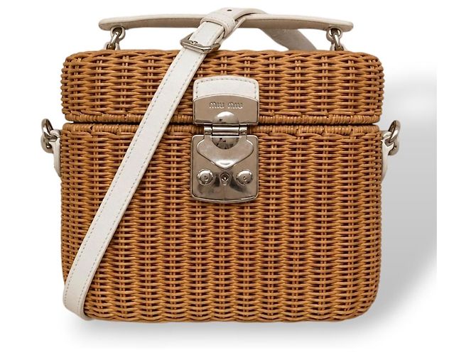 Borsa Miu Miu in vimine e pelle bianca Marrone Bianco - vista 18