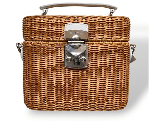 Borsa Miu Miu in vimine e pelle bianca Marrone Bianco - vista 8