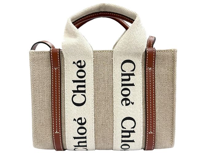 Sac Woody Mini Satchel Chloé Beige en toile - vue 2