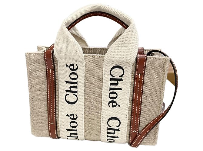 Sac Woody Mini Satchel Chloé Beige en toile - vue 3