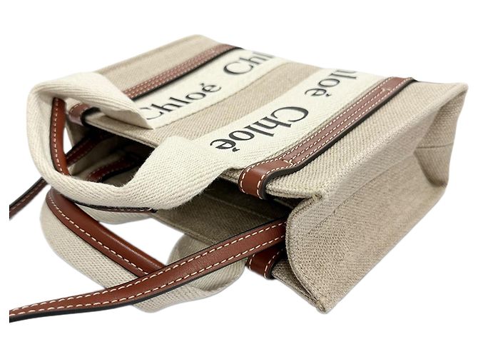 Sac Woody Mini Satchel Chloé Beige en toile - vue 4