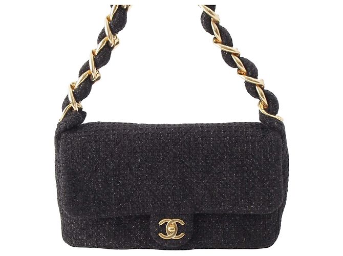 Chanel Black CC Quilted Tweed Single Flap Nero - vista 9