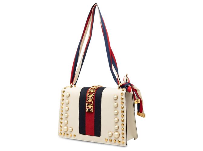 Borsa Satchel Gucci Sylvie in vitello bianco Small con borchie, perle e banda Web - vista 2