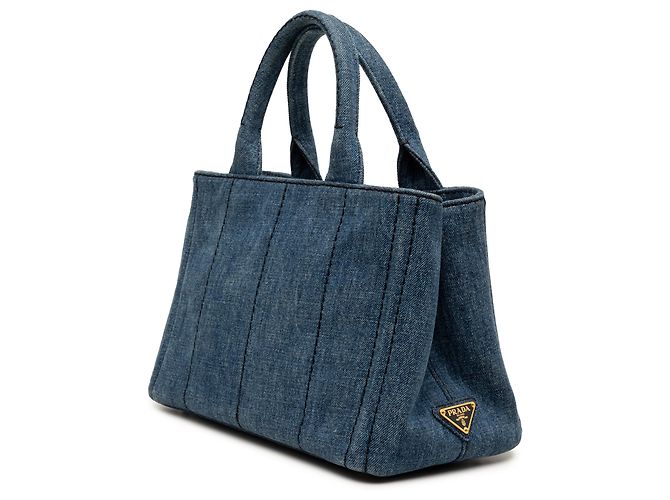 Borsa Tote Prada Blue Small Denim Canapa Logo - vista 2