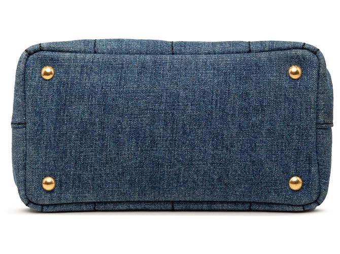 Borsa Tote Prada Blue Small Denim Canapa Logo - vista 3