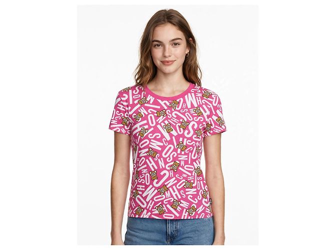 T-shirt Moschino Teddy Bear e Logo Rosa Branco - vista 4