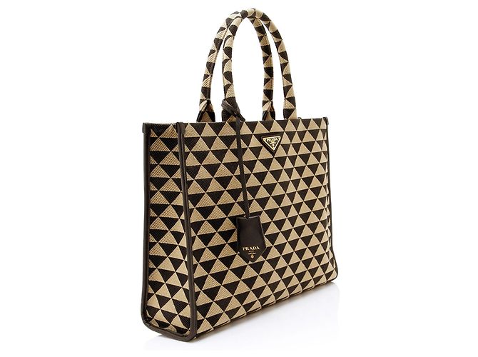 Prada Tote Large in Jacquard Symbole Marrone Beige - vista 2