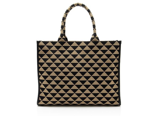 Prada Tote Large in Jacquard Symbole Marrone Beige - vista 3
