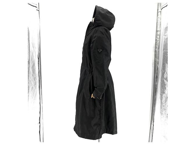 Prada Nylon Triangle Logo Long Windbreaker Raincoat Jacket Black - view 5