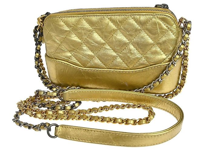 Chanel Gabrielle Double Zip Clutch mit Kette aus gestepptem, gealtertem Kalbsleder Golden - Ansicht 2