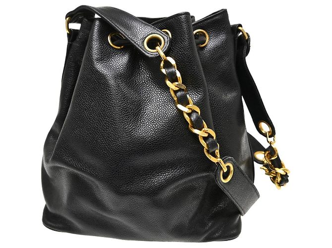 Chanel Vintage CC Drawstring Chain Leather Small Nero - vista 2