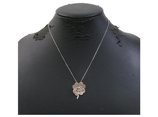 Chanel Coco Mark Clover Necklace Silvery Pink Beige - view 8